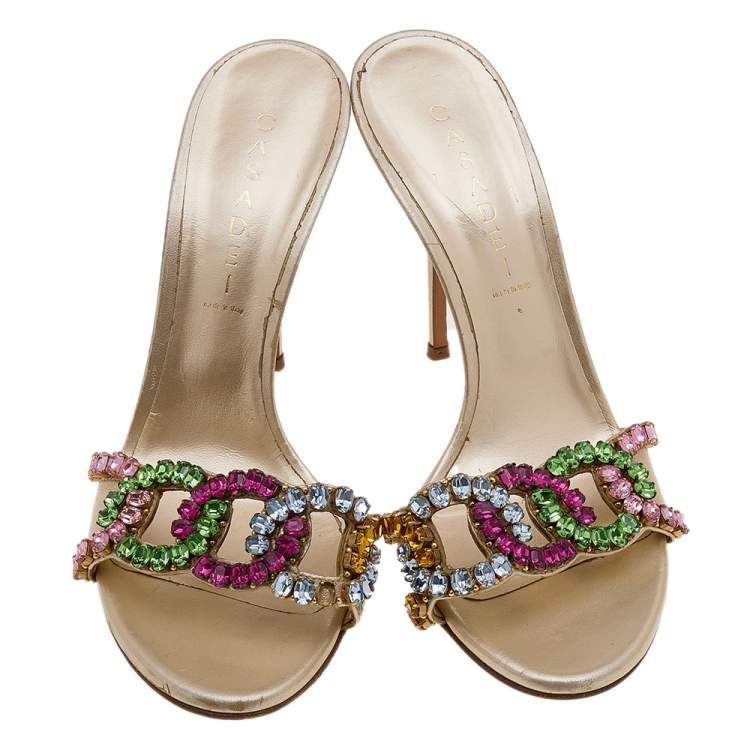 Pre Owned Casadei Gold Leather Crystal Embellished Slide Sandals Size 39