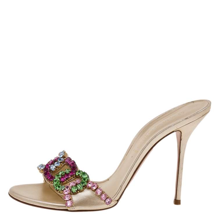 Pre Owned Casadei Gold Leather Crystal Embellished Slide Sandals Size 39