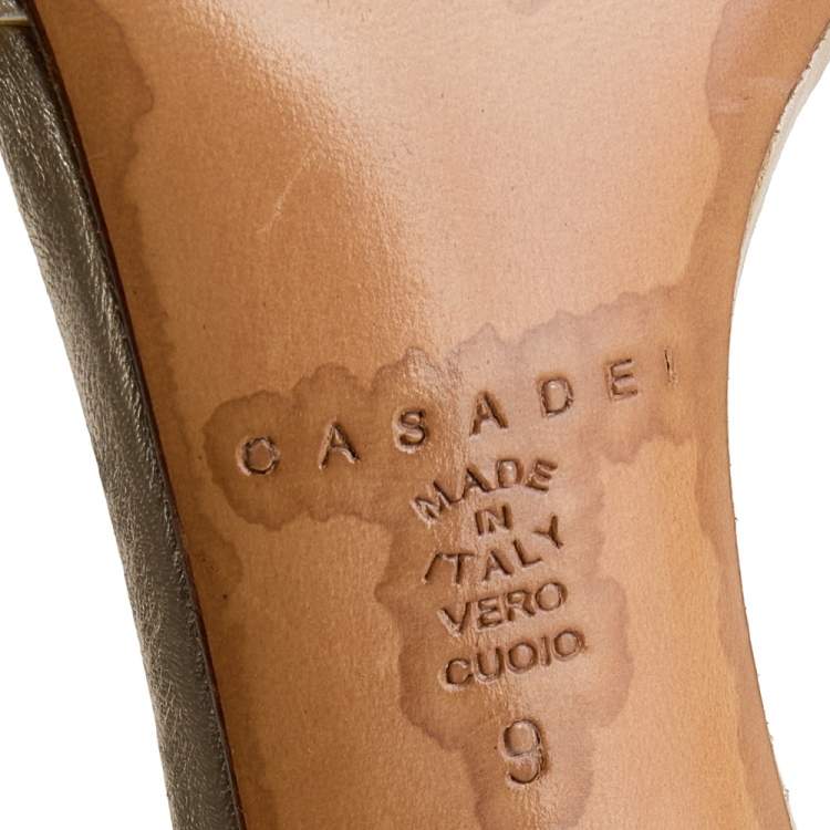 Pre Owned Casadei Gold Leather Crystal Embellished Slide Sandals Size 39