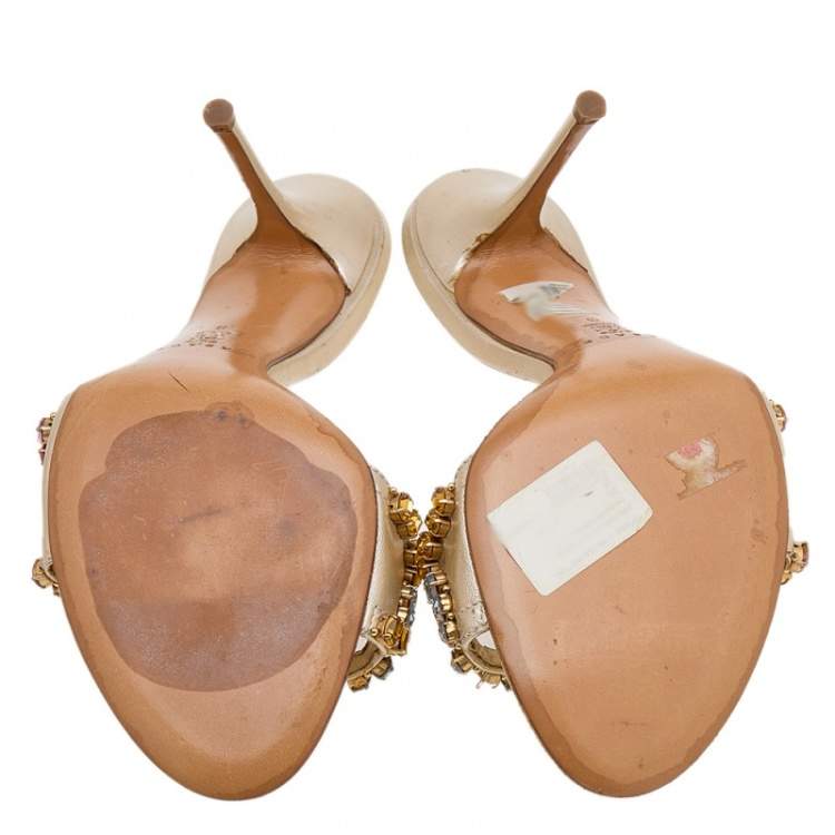 Pre Owned Casadei Gold Leather Crystal Embellished Slide Sandals Size 39