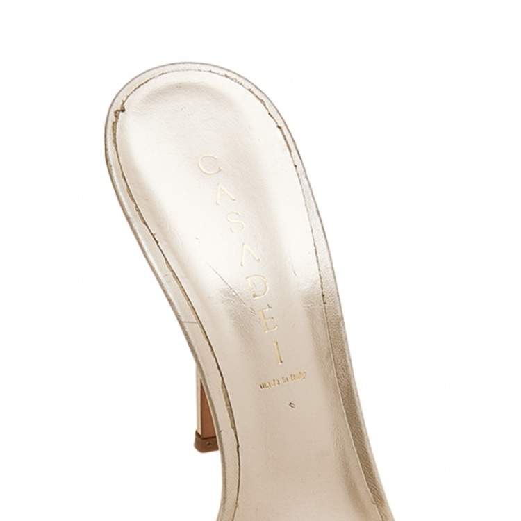 Pre Owned Casadei Gold Leather Crystal Embellished Slide Sandals Size 39