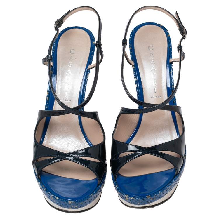 Casadei Navy Blue Patent Leather Laser-Cut Platform Strappy Sandals ...