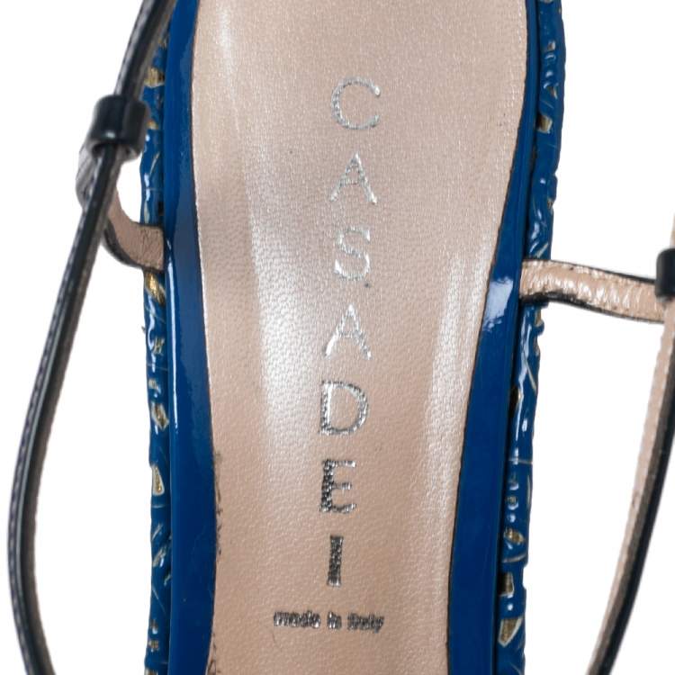 Pre Owned Casadei Navy Blue Patent Leather Laser-Cut Platform Strappy Sandals Size 41