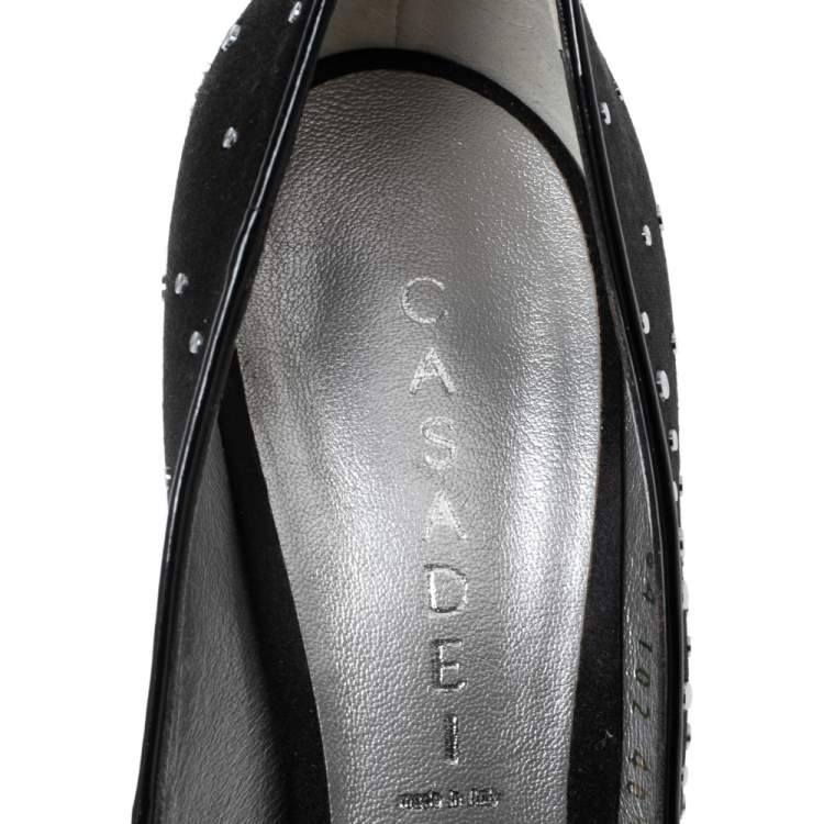 Pre Owned Casadei Black Studded Satin Peep-Toe Platform Pumps Size 40.5