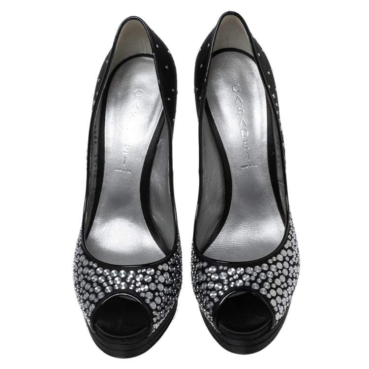 Pre Owned Casadei Black Studded Satin Peep-Toe Platform Pumps Size 40.5