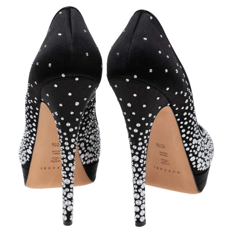 Pre Owned Casadei Black Studded Satin Peep-Toe Platform Pumps Size 40.5