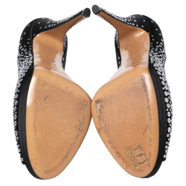 Pre Owned Casadei Black Studded Satin Peep-Toe Platform Pumps Size 40.5