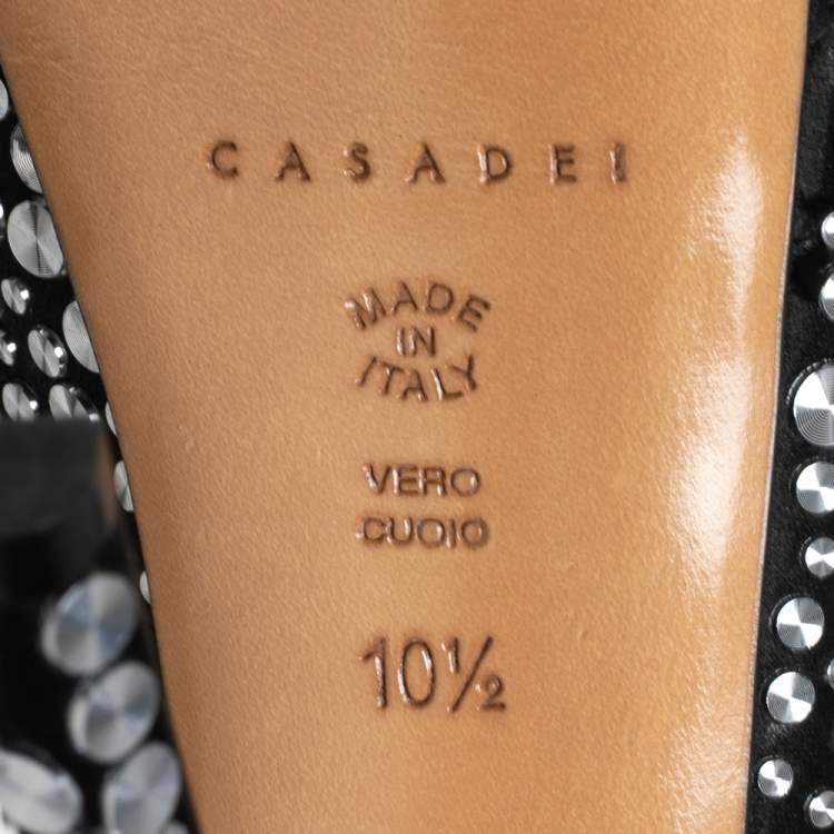 Pre Owned Casadei Black Studded Satin Peep-Toe Platform Pumps Size 40.5