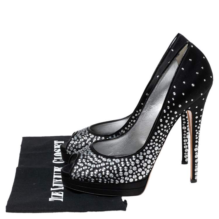 Pre Owned Casadei Black Studded Satin Peep-Toe Platform Pumps Size 40.5