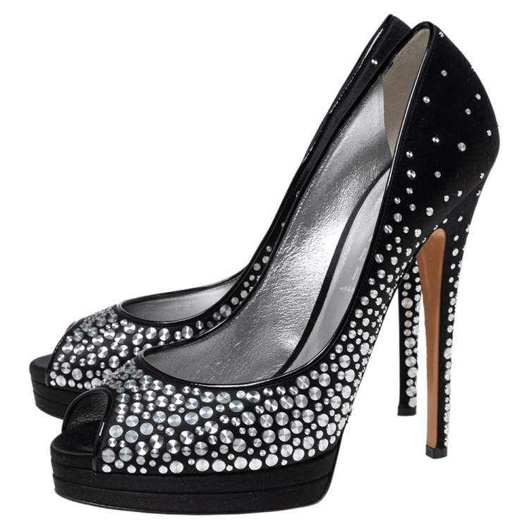Pre Owned Casadei Black Studded Satin Peep-Toe Platform Pumps Size 40.5