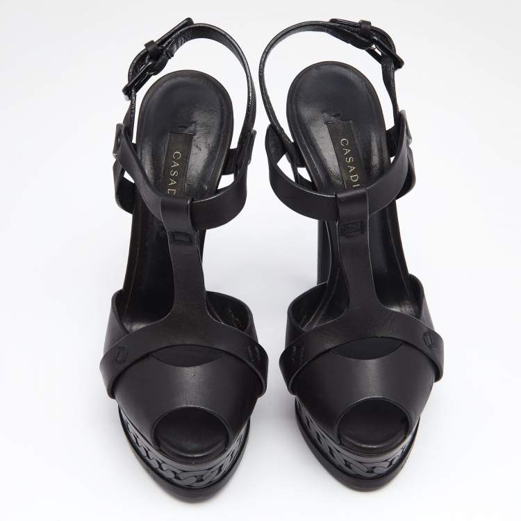Pre Owned Casadei Black Leather T-Strap Platform Sandals Size 35