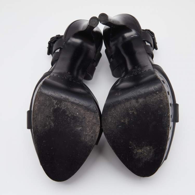 Pre Owned Casadei Black Leather T-Strap Platform Sandals Size 35