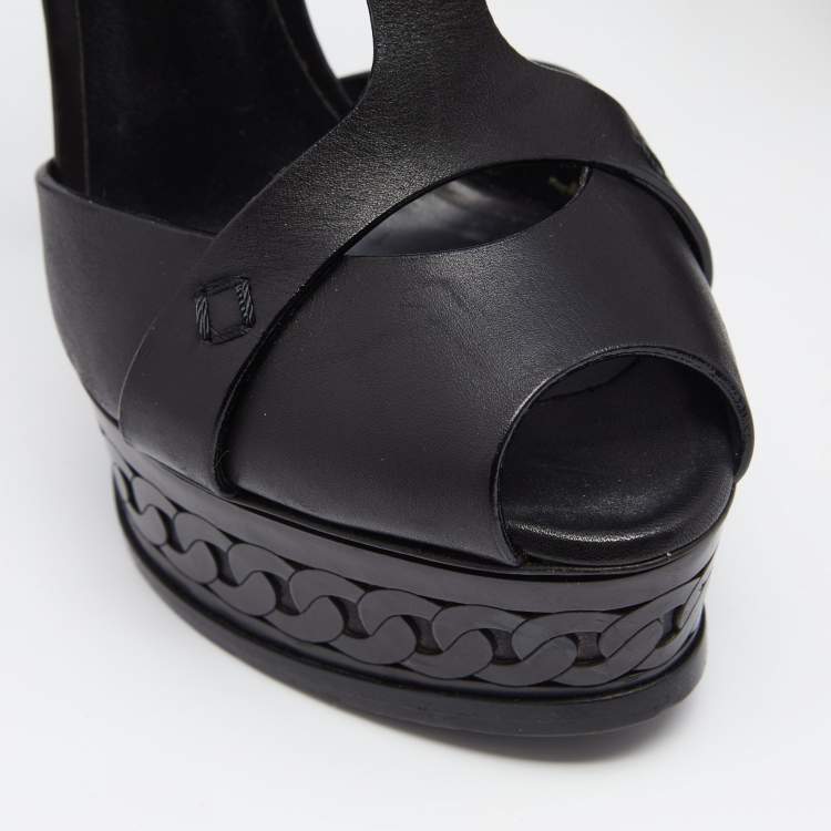 Pre Owned Casadei Black Leather T-Strap Platform Sandals Size 35
