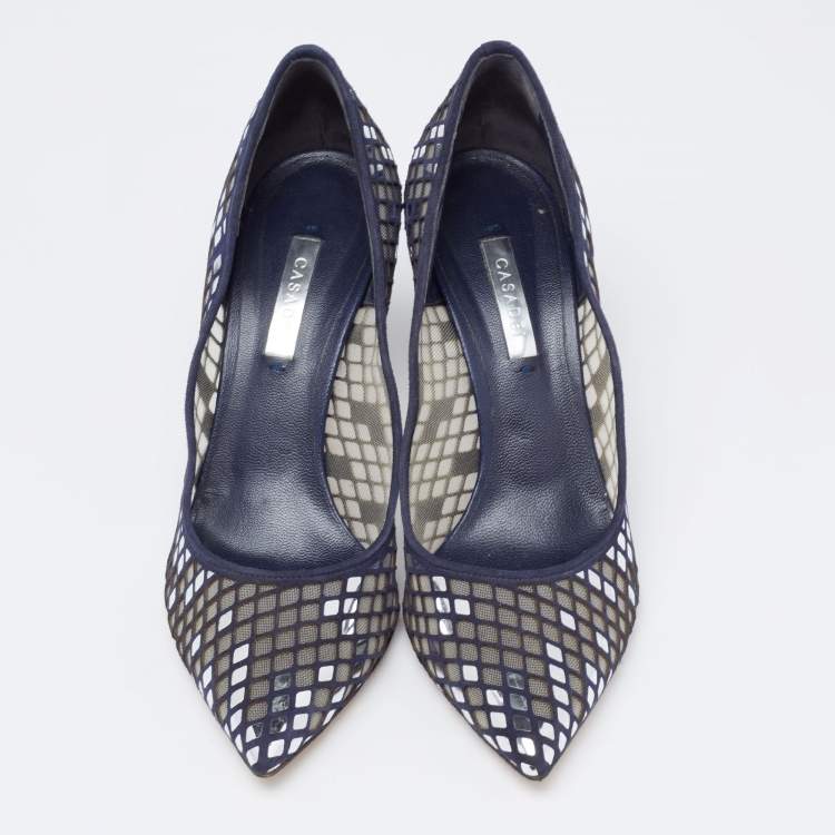 Pre Owned Casadei Navy Blue  Mesh And Suede Pointed Toe Pumps Size 38.5