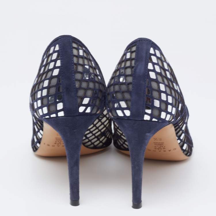 Pre Owned Casadei Navy Blue  Mesh And Suede Pointed Toe Pumps Size 38.5