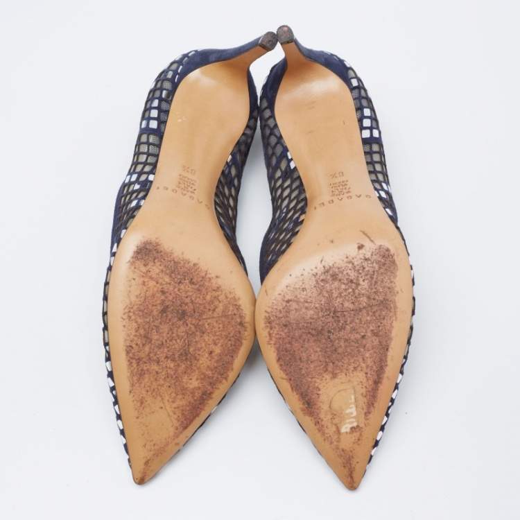 Pre Owned Casadei Navy Blue  Mesh And Suede Pointed Toe Pumps Size 38.5