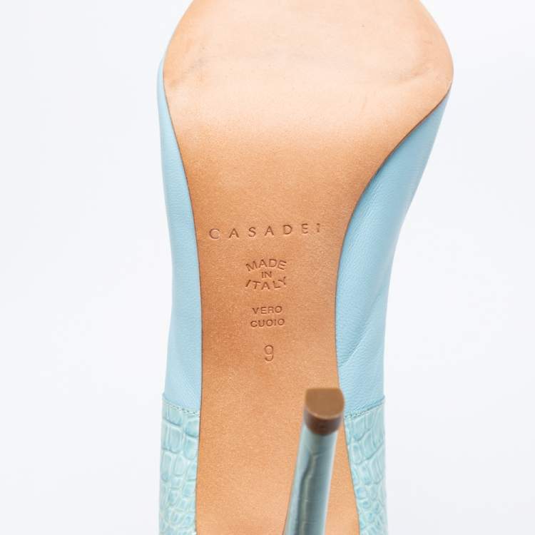Pre Owned Casadei Blue Croc Embossed Patent And Leather Pointed Toe Pumps Size 39