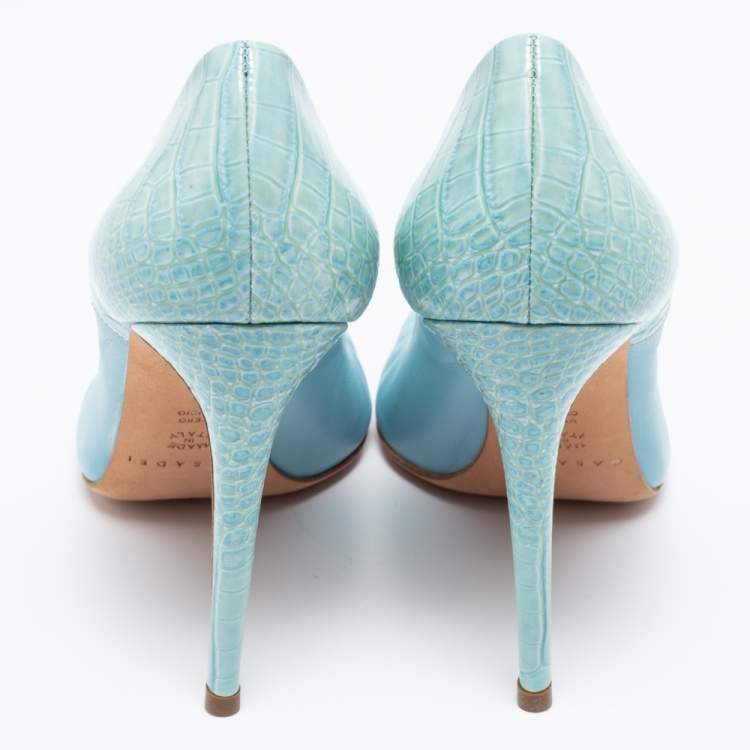 Pre Owned Casadei Blue Croc Embossed Patent And Leather Pointed Toe Pumps Size 39