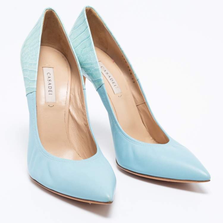 Pre Owned Casadei Blue Croc Embossed Patent And Leather Pointed Toe Pumps Size 39