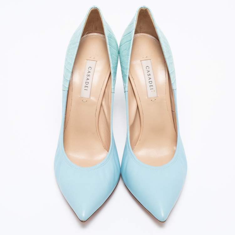 Pre Owned Casadei Blue Croc Embossed Patent And Leather Pointed Toe Pumps Size 39