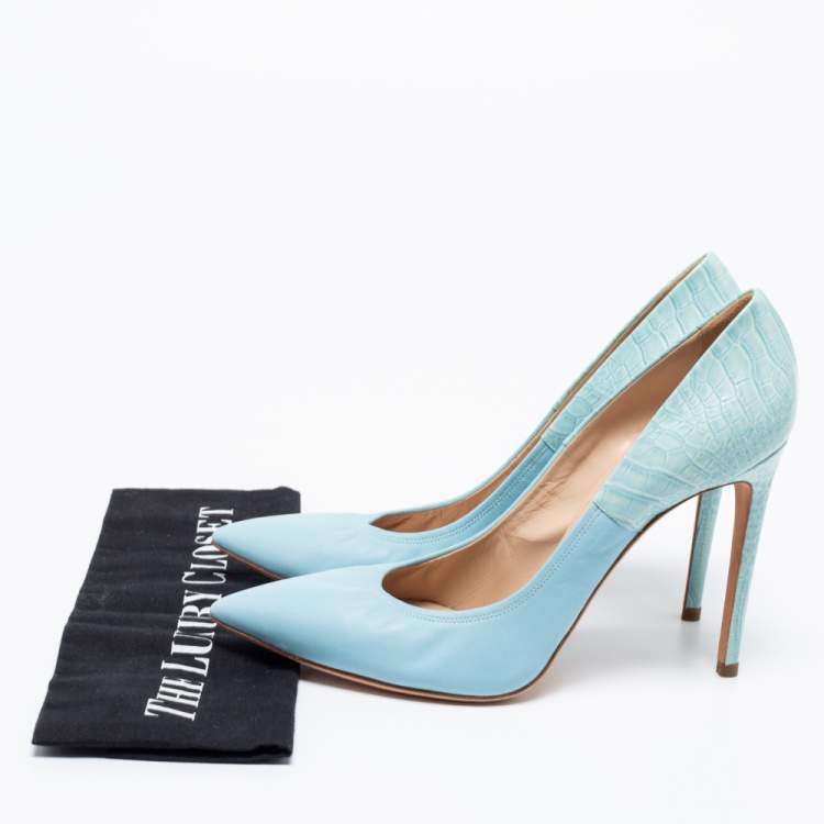 Pre Owned Casadei Blue Croc Embossed Patent And Leather Pointed Toe Pumps Size 39