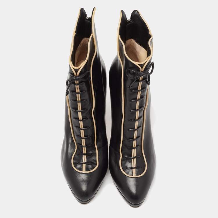 Pre Owned Casadei Black Leather Blade Lace Up Booties Size 39