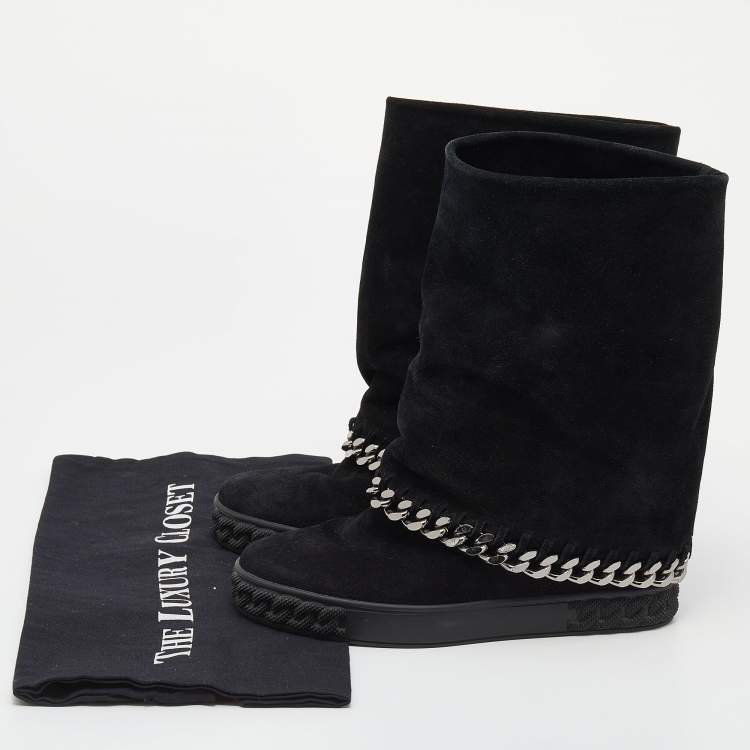 Pre Owned Casadei Black Suede Wedge Chain Mid Calf Boots Size 37.5