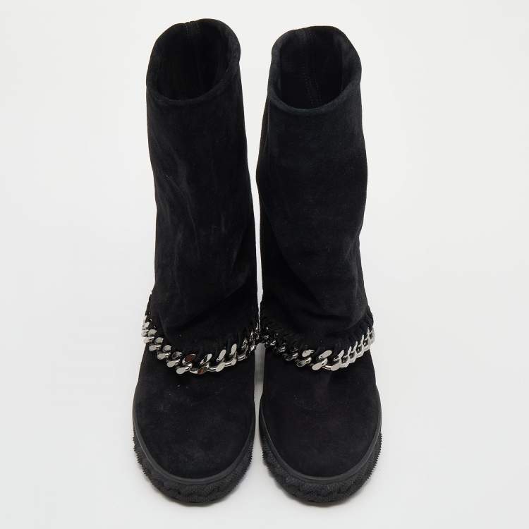 Pre Owned Casadei Black Suede Wedge Chain Mid Calf Boots Size 37.5