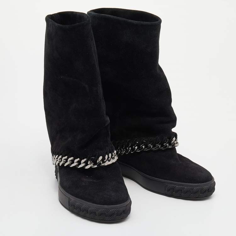 Pre Owned Casadei Black Suede Wedge Chain Mid Calf Boots Size 37.5