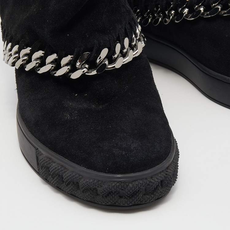 Pre Owned Casadei Black Suede Wedge Chain Mid Calf Boots Size 37.5
