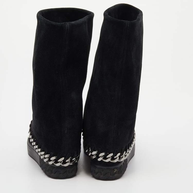 Pre Owned Casadei Black Suede Wedge Chain Mid Calf Boots Size 37.5