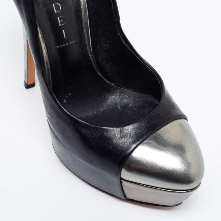 مملوكة مسبقًا Casadei Black/Silver Leather Cap Toe Platform  Pumps Size 38