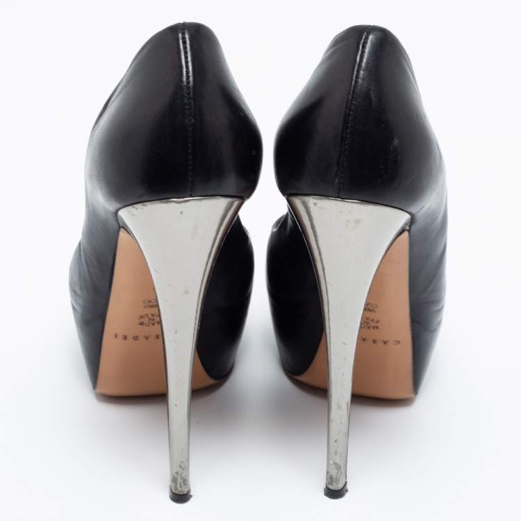 مملوكة مسبقًا Casadei Black/Silver Leather Cap Toe Platform  Pumps Size 38