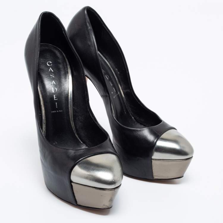 مملوكة مسبقًا Casadei Black/Silver Leather Cap Toe Platform  Pumps Size 38