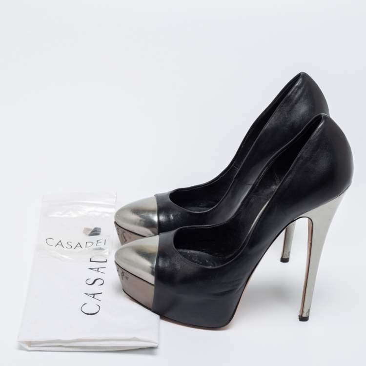 مملوكة مسبقًا Casadei Black/Silver Leather Cap Toe Platform  Pumps Size 38