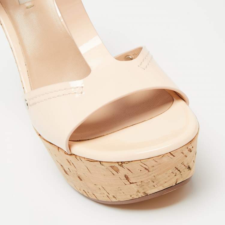 Pre Owned Casadei Pale Pink Patent Leather Cork Wedge T Strap Sandals Size 41