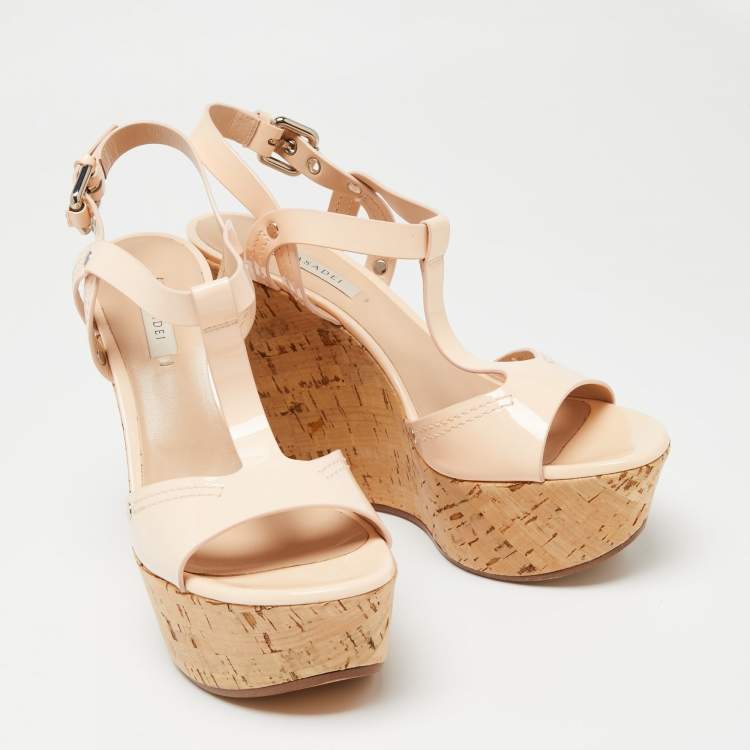Pre Owned Casadei Pale Pink Patent Leather Cork Wedge T Strap Sandals Size 41