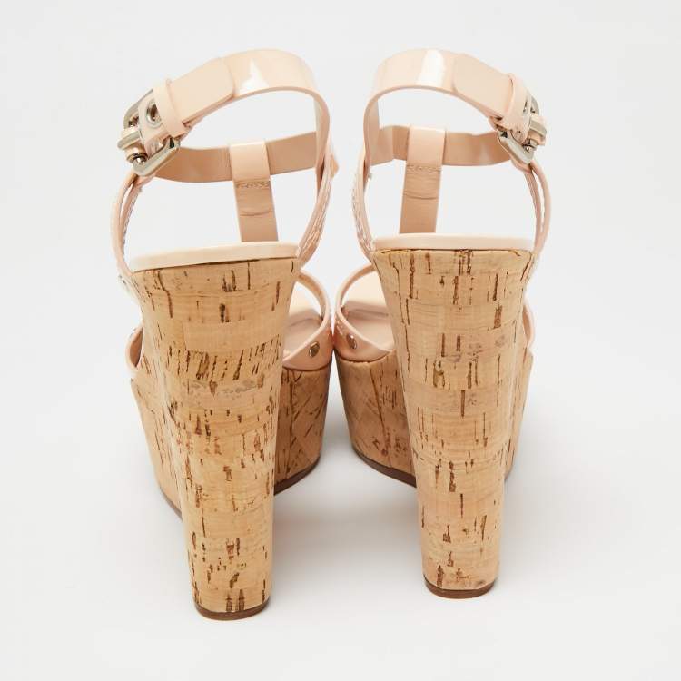 Pre Owned Casadei Pale Pink Patent Leather Cork Wedge T Strap Sandals Size 41