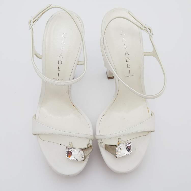 Pre Owned Casadei White Leather Crystal Embellished Ankle Strap Platform Sandals Size 40