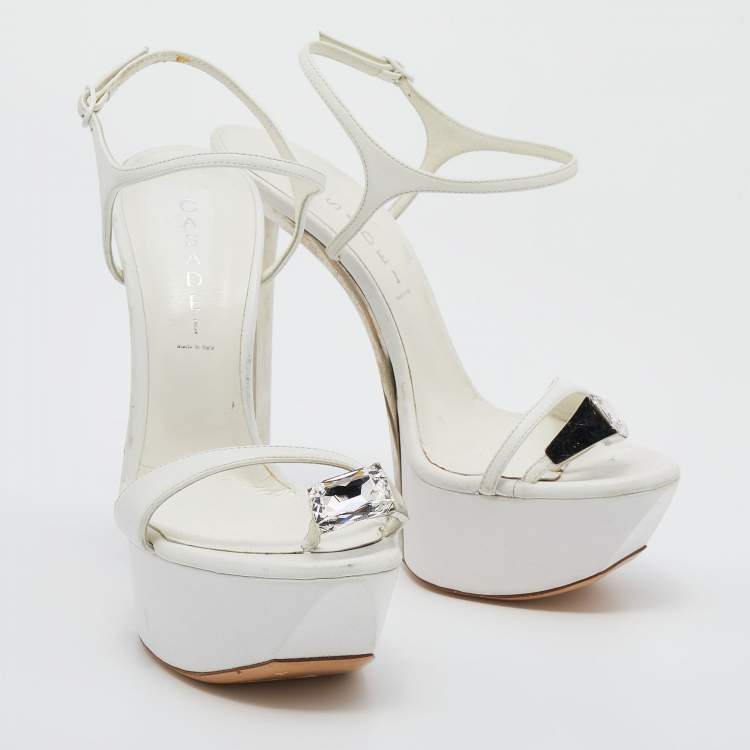 Pre Owned Casadei White Leather Crystal Embellished Ankle Strap Platform Sandals Size 40