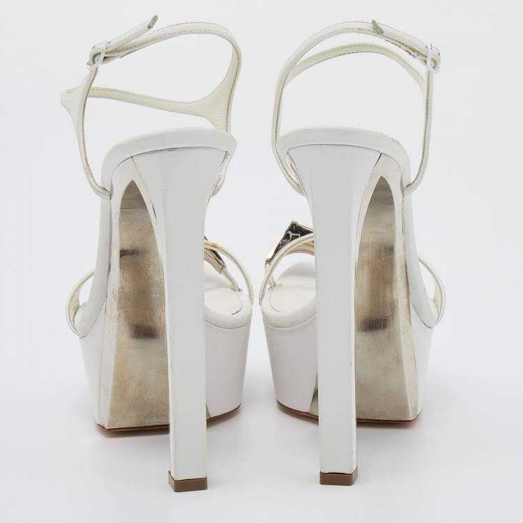 Pre Owned Casadei White Leather Crystal Embellished Ankle Strap Platform Sandals Size 40
