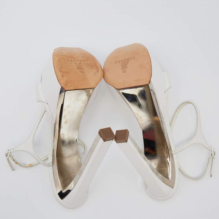 Pre Owned Casadei White Leather Crystal Embellished Ankle Strap Platform Sandals Size 40