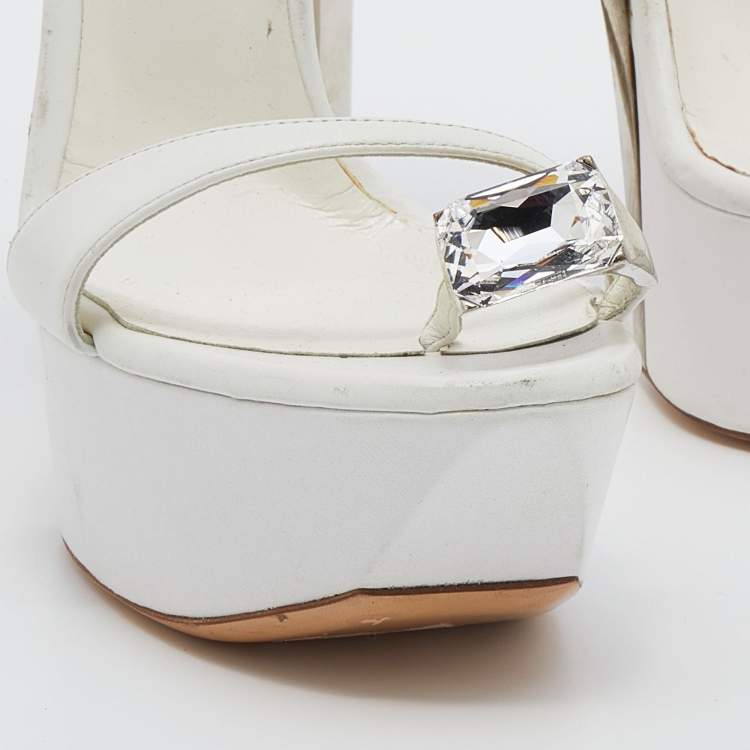 Pre Owned Casadei White Leather Crystal Embellished Ankle Strap Platform Sandals Size 40