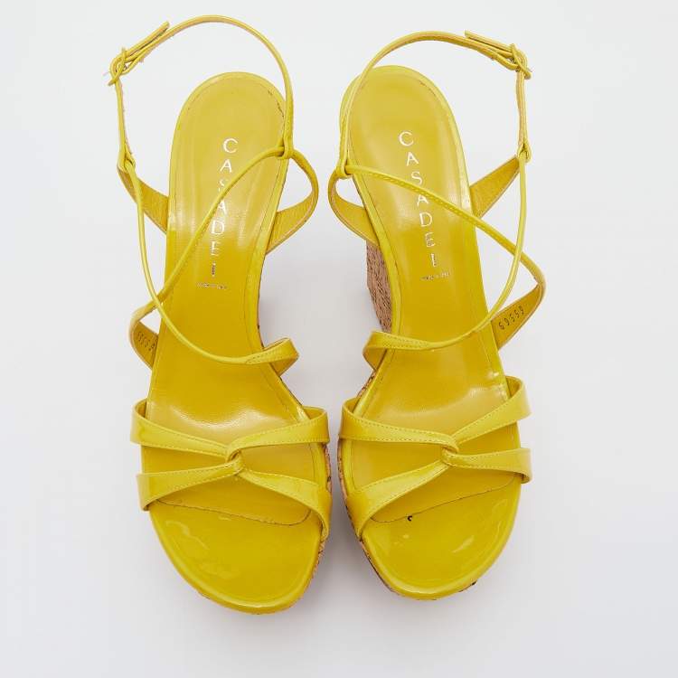 Pre Owned Casadei Yellow Patent Leather Platform Wedge Ankle Strap Sandals Size 40
