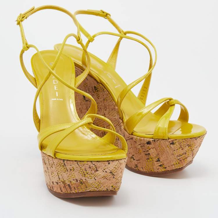 Pre Owned Casadei Yellow Patent Leather Platform Wedge Ankle Strap Sandals Size 40