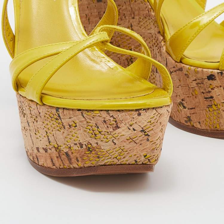 Pre Owned Casadei Yellow Patent Leather Platform Wedge Ankle Strap Sandals Size 40