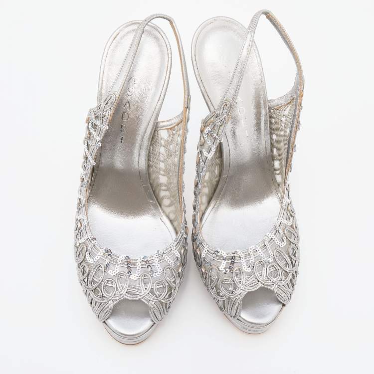 مملوكة مسبقًا Casadei Metallic Grey Leather Platform Slingback Sandals Size 39