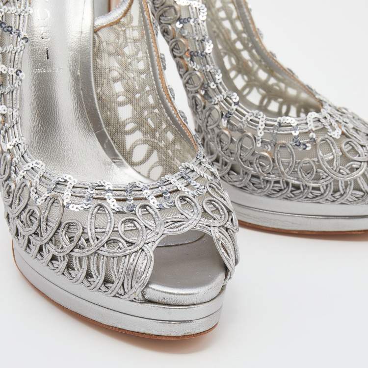 مملوكة مسبقًا Casadei Metallic Grey Leather Platform Slingback Sandals Size 39