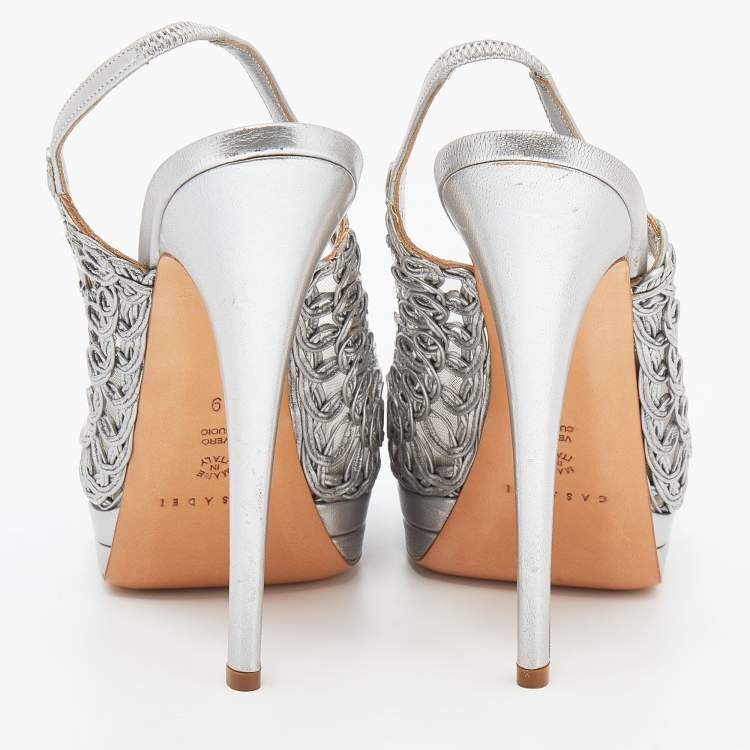 مملوكة مسبقًا Casadei Metallic Grey Leather Platform Slingback Sandals Size 39