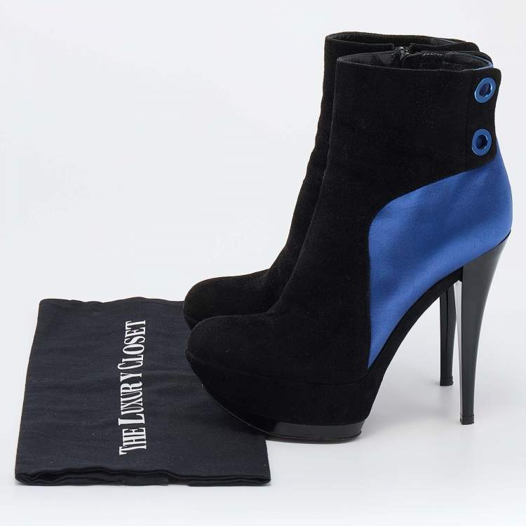 Pre Owned Casadei Black/Blue Suede And Satin Platform Ankle Boots Size 38